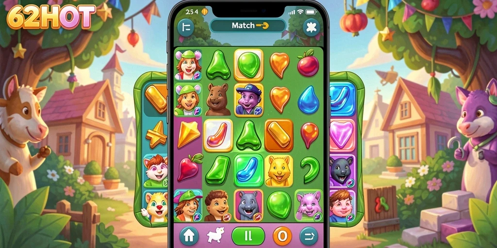 Screenshot gameplay 62HOT dengan momen seru mencocokkan item Match-3.