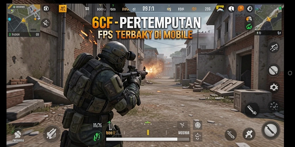 Screenshot gameplay 6CF menampilkan aksi pertempuran FPS yang mendebarkan.
