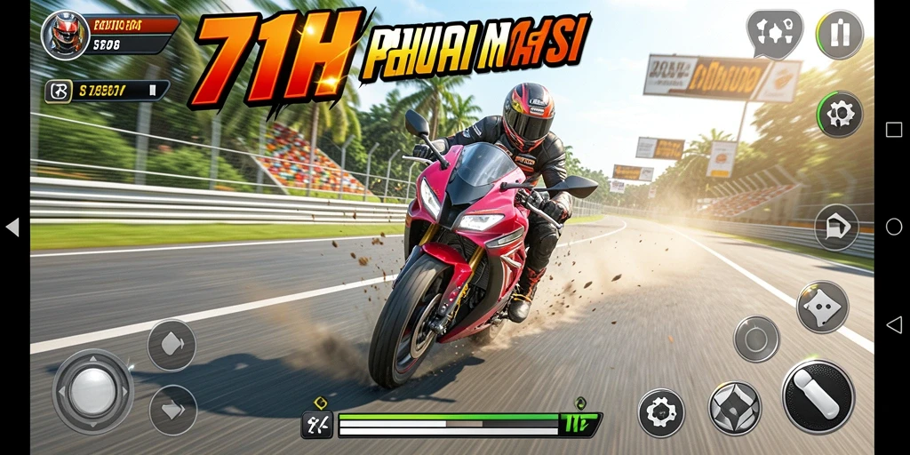 Screenshot gameplay 71H yang menunjukkan aksi balapan motor yang seru.