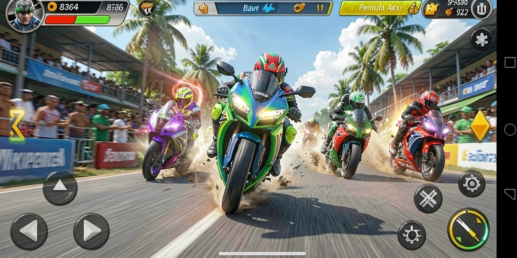 Screenshot gameplay menampilkan aksi balapan motor yang mendebarkan.