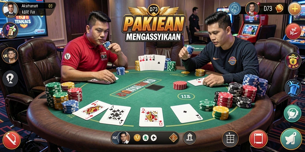 Tampilan gameplay D73 dengan aksi poker yang mendebarkan dan interaksi pemain.