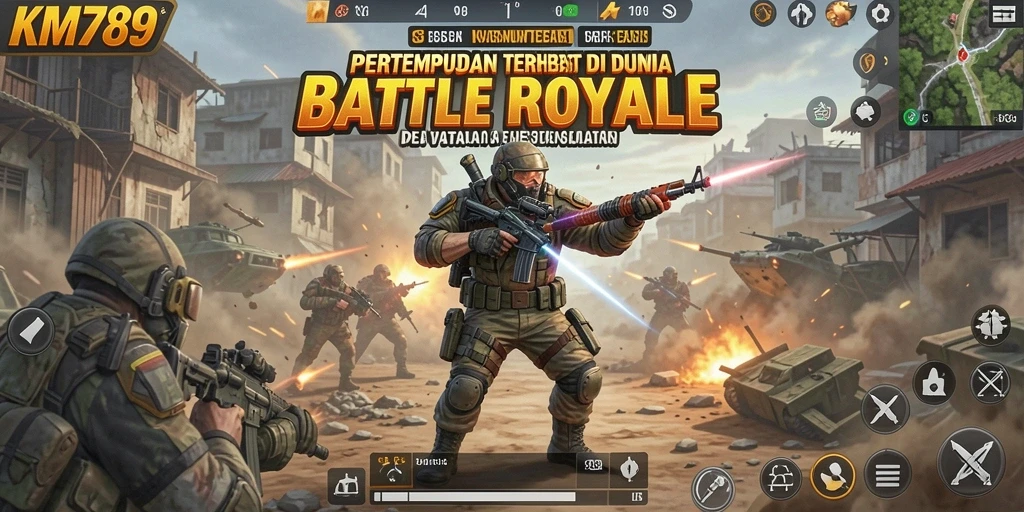 Screenshot gameplay KM789 menampilkan aksi seru dalam pertempuran Battle Royale.