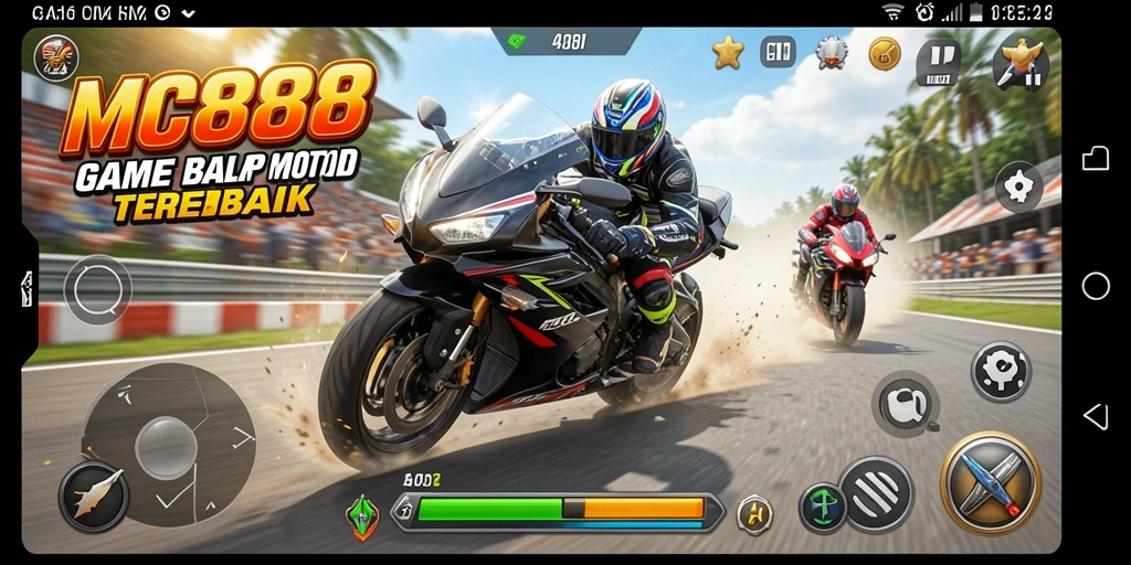 Screenshot gameplay MC888 menampilkan balapan motor yang intens dan cepat.