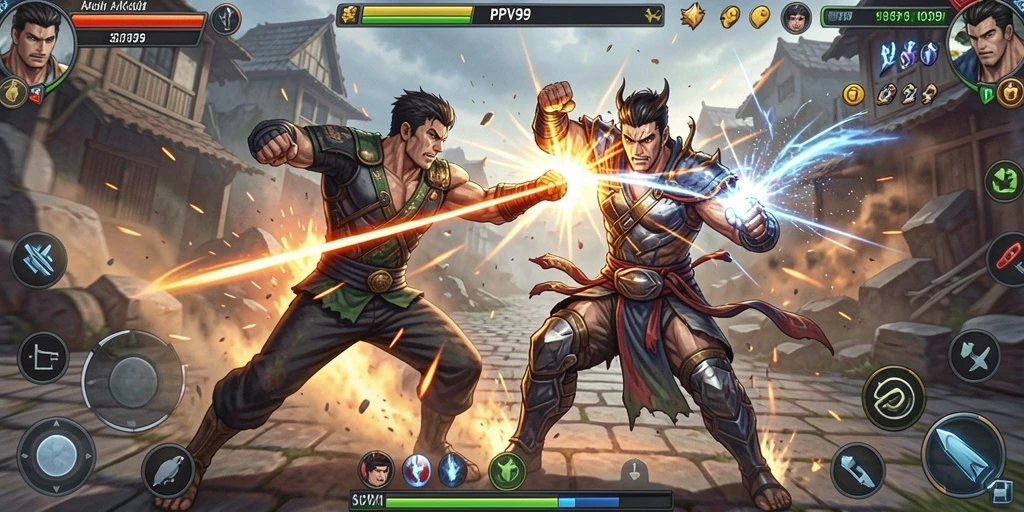 Tangkapan layar utama PPV99 menampilkan aksi pertarungan yang mendebarkan.