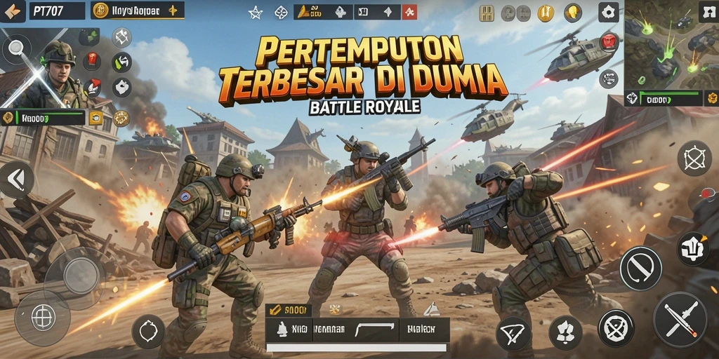 Screenshot PT707 menampilkan aksi pertempuran seru di arena Battle Royale.