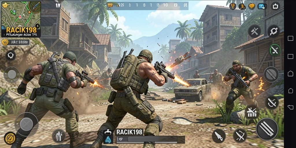 Tampilan aksi seru dalam permainan RACIK198 dengan gameplay TPS.