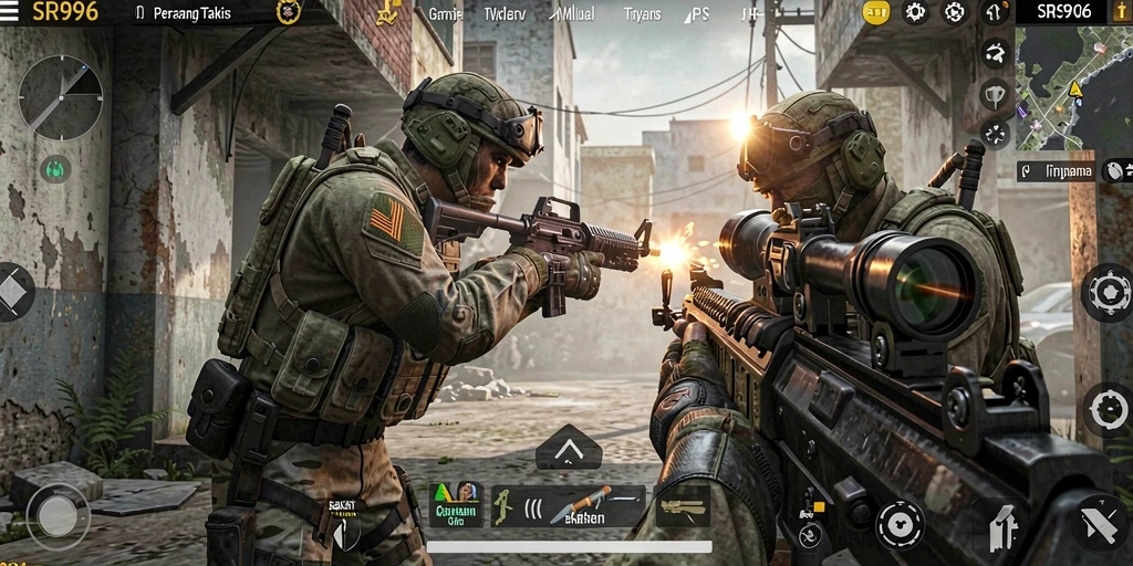 Tangkapan layar gameplay SR996 menampilkan aksi tembak-menembak yang seru.